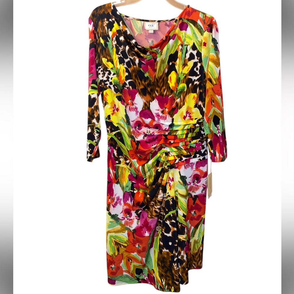 NEW! ECI Colorful Floral and Animal Print Faux Wrap Midi Dress NWT - Size L - Picture 10 of 15